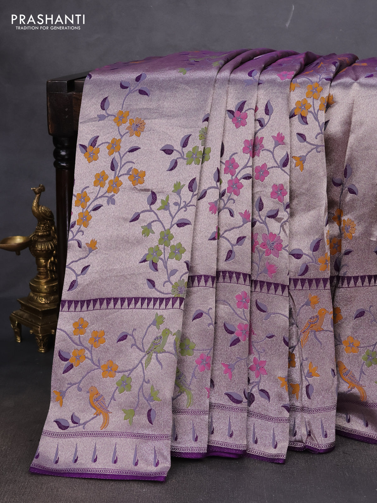 Banarasi semi raw silk saree violet with zari woven floral design paithani weaves and floral design paithani border