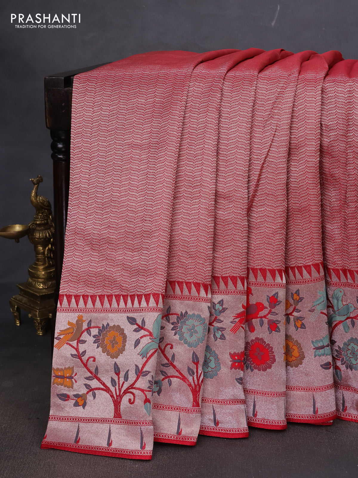 Banarasi semi raw silk saree red with allover zari woven brocade weaves and floral design paithani border