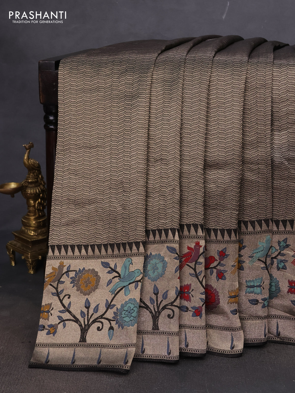 Banarasi semi raw silk saree black with allover zari woven brocade weaves and floral design paithani border