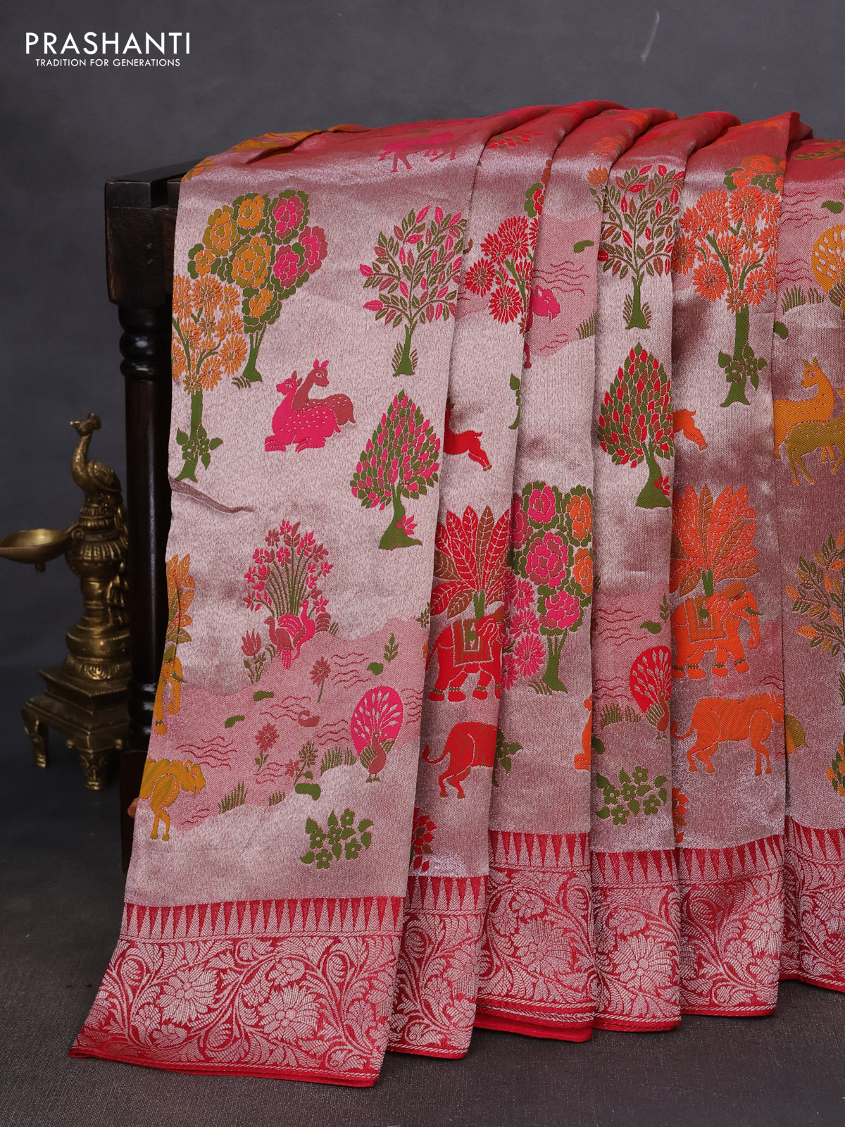 Banarasi semi raw silk saree red with allover silver zari woven paithani weaves and woven border