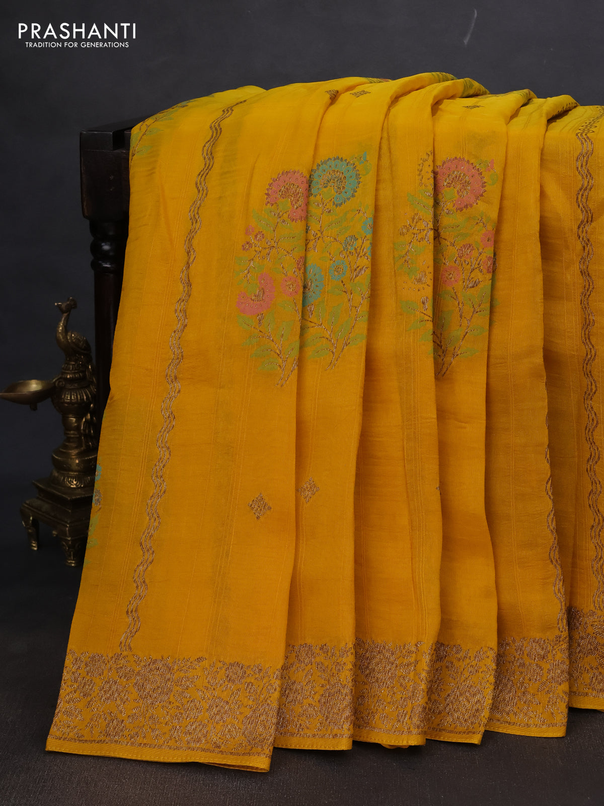 Banarasi semi raw silk saree mustard yellow with allover thread & zari weaves and woven border