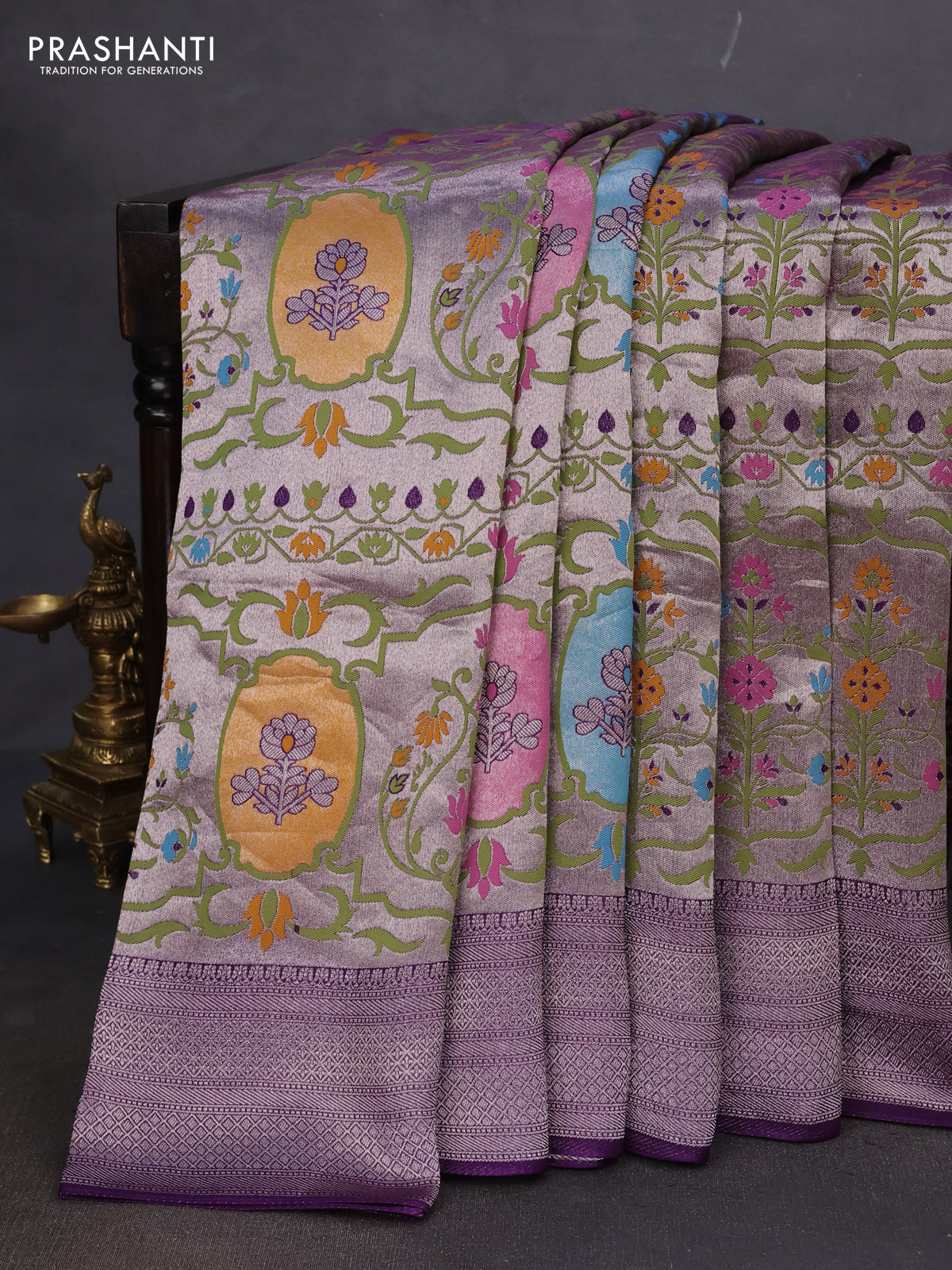 Banarasi semi raw silk saree violet with allover zari woven paithani weaves and zari woven border
