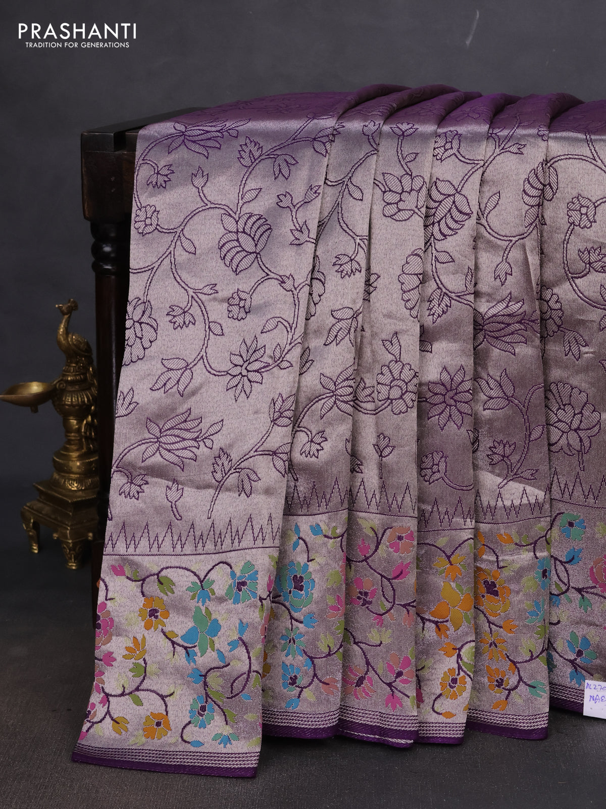 Banarasi semi raw silk saree violet with allover silver zari woven floral weaves and floral design paithani border