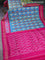 Pochampally silk saree dual shade of blue and magenta pink with allover ikat butta weaves and long ikat woven zari border
