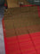 Kora silk cotton saree olive green and red with thread woven buttas and simple border