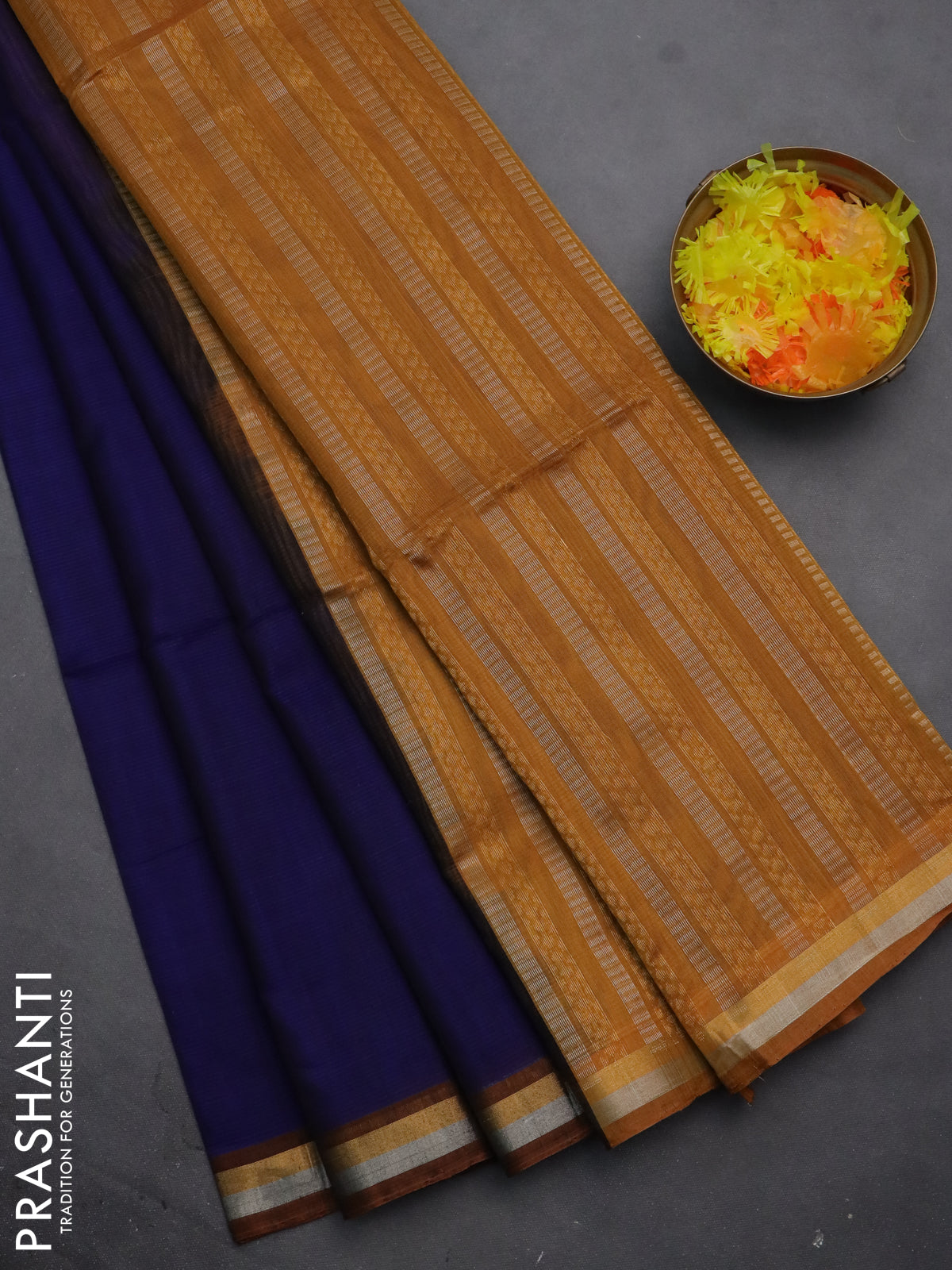 Kora silk cotton saree blue and dark mustard with thread & gold zari woven buttas and zari woven border