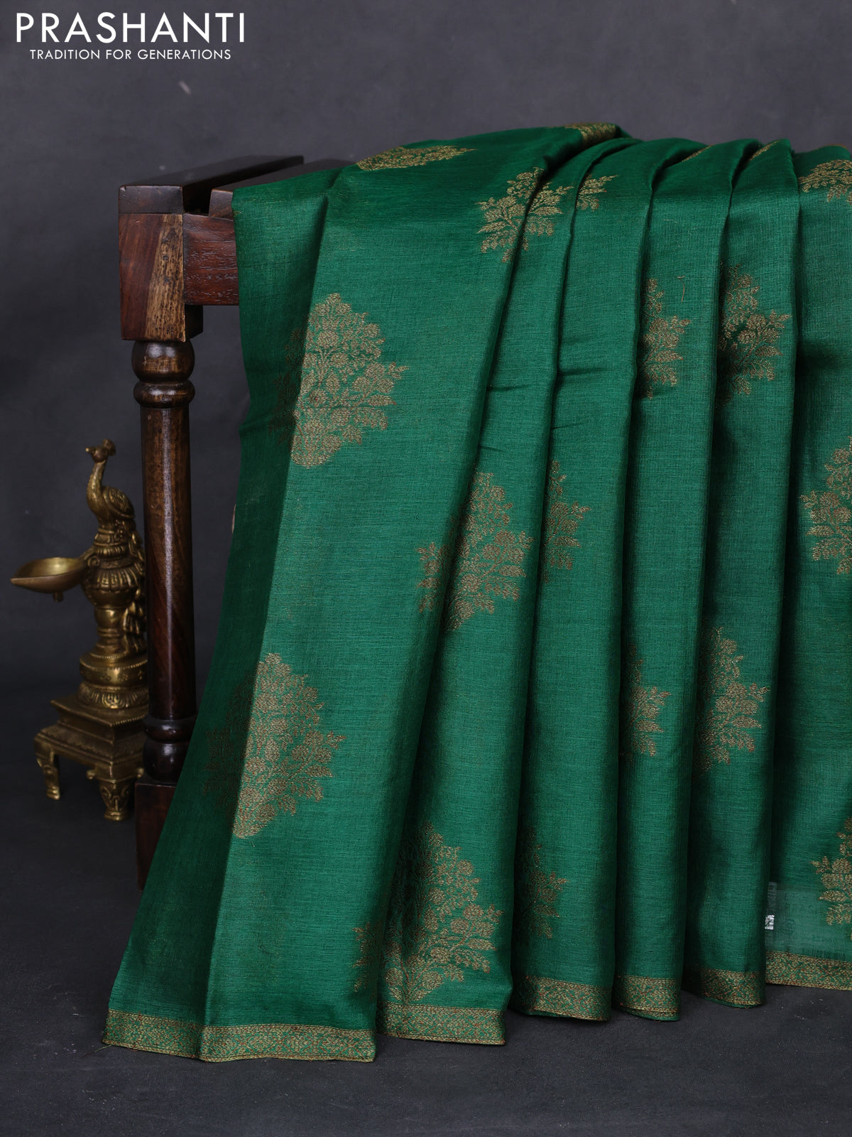 Banarasi tussar silk saree green and maroon with thread & zari woven floral buttas and woven border