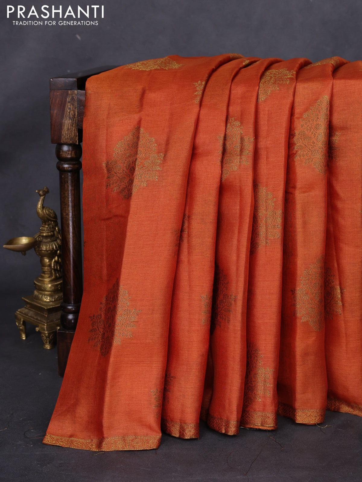 Banarasi tussar silk saree orange and purple with thread & zari woven floral buttas and woven border