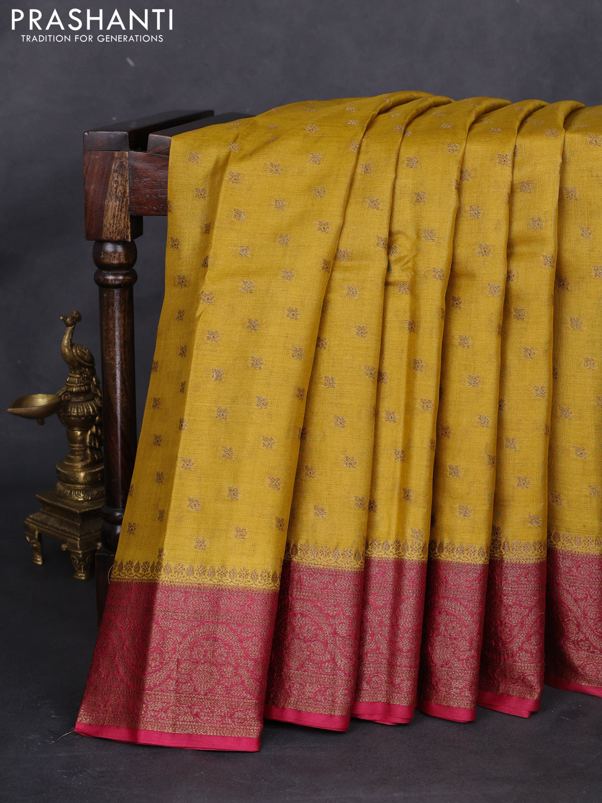 Banarasi tussar silk saree mustard yellow and maroon with allover thread & zari woven buttas and woven border
