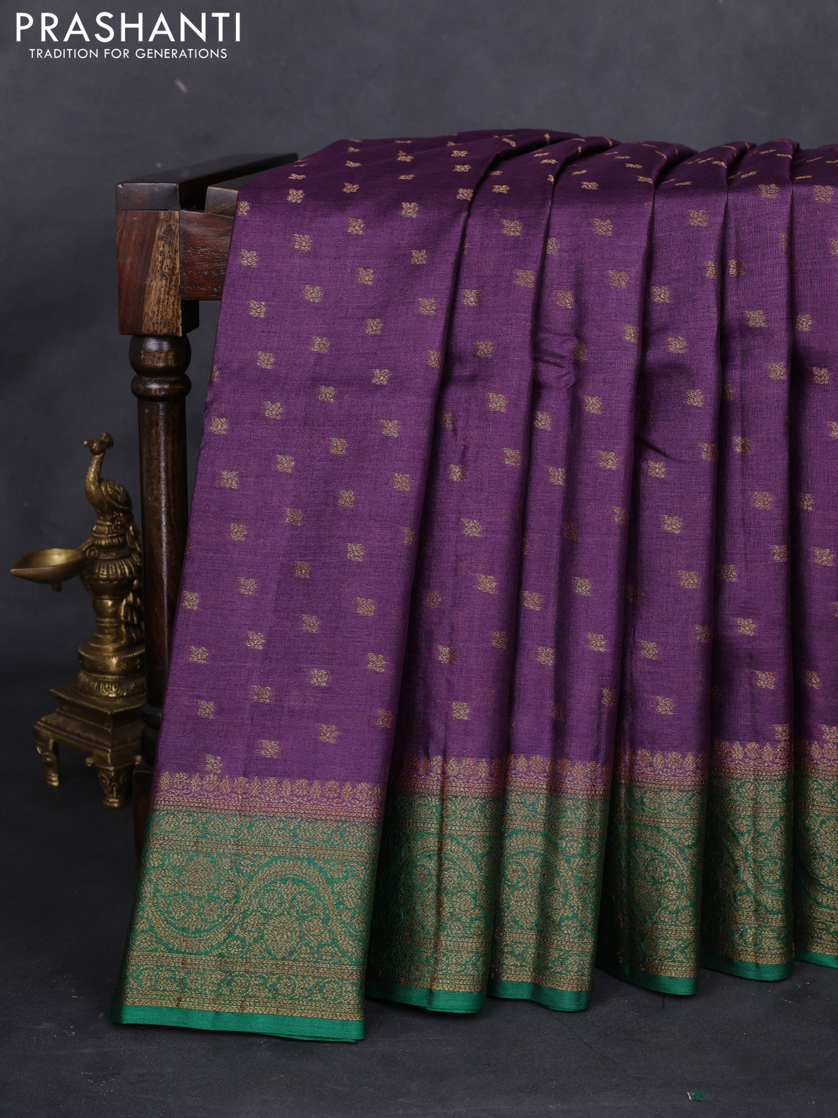 Banarasi tussar silk saree purple and green with allover thread & zari woven buttas and woven border