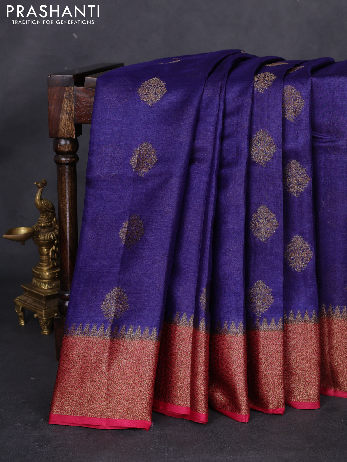 Banarasi tussar silk saree blue and red with thread & zari woven buttas and woven border