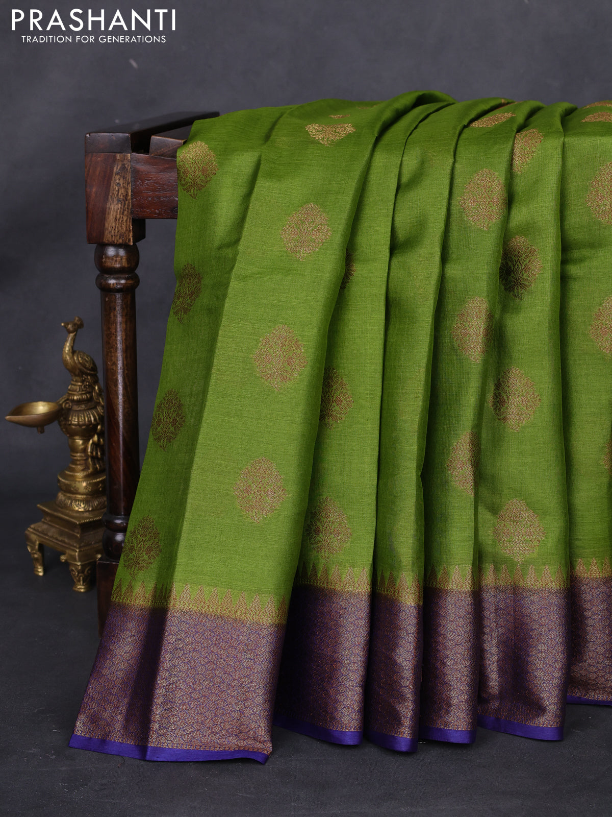 Banarasi tussar silk saree mehendi green and blue with thread & zari woven buttas and woven border