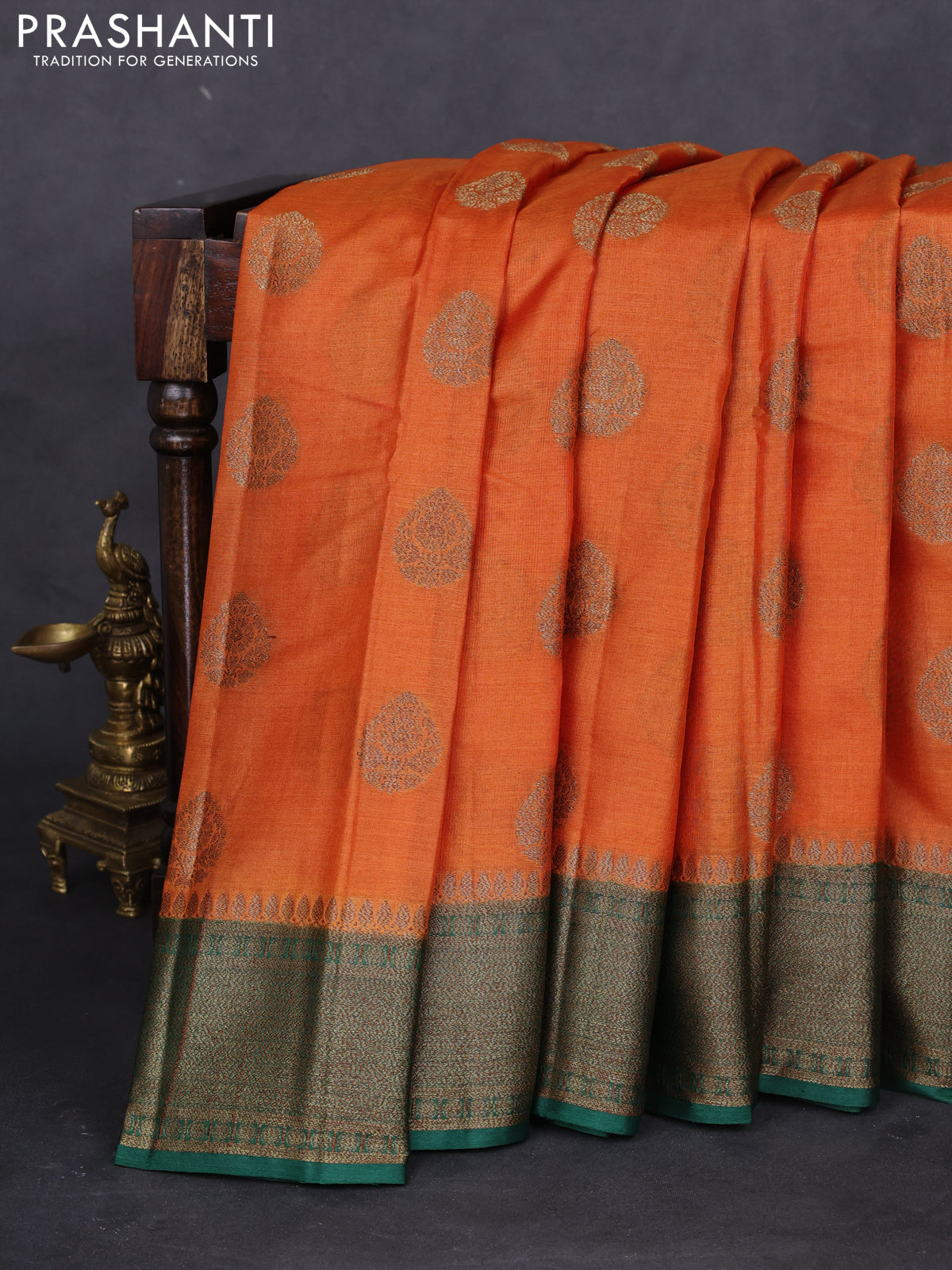 Banarasi tussar silk saree orange and green with thread & zari woven buttas and woven border