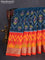 Ikat soft silk saree peacock green and orange with allover ikat weaves and zari woven border