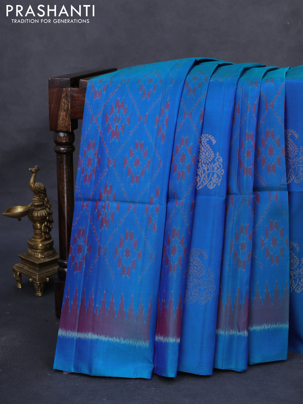 Ikat soft silk saree blue and pink with zari buttas & ikat weaes in borderless style