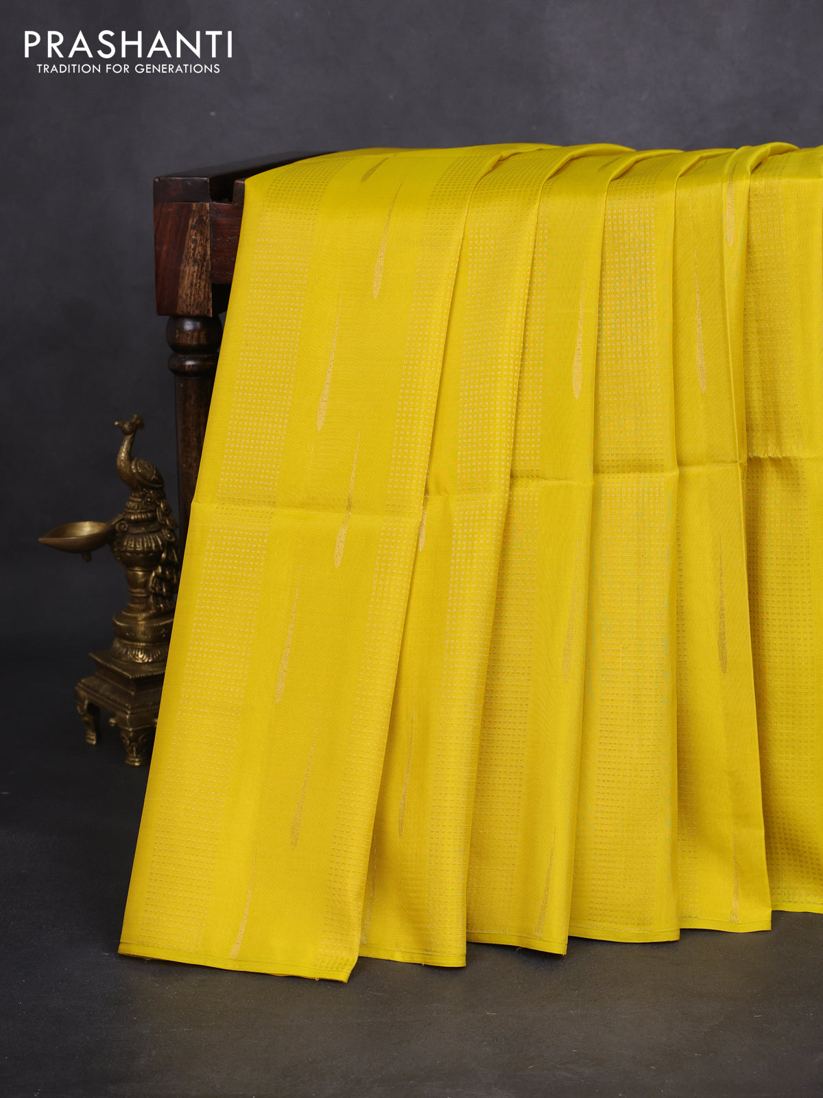 Kanchipuram soft silk saree yellow and purple with allover zari weaves & buttas in borderless style
