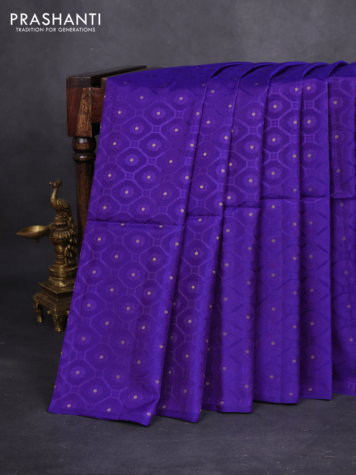 Kanchipuram soft silk saree violet and red with allover self emboss & zari buttas in borderless style