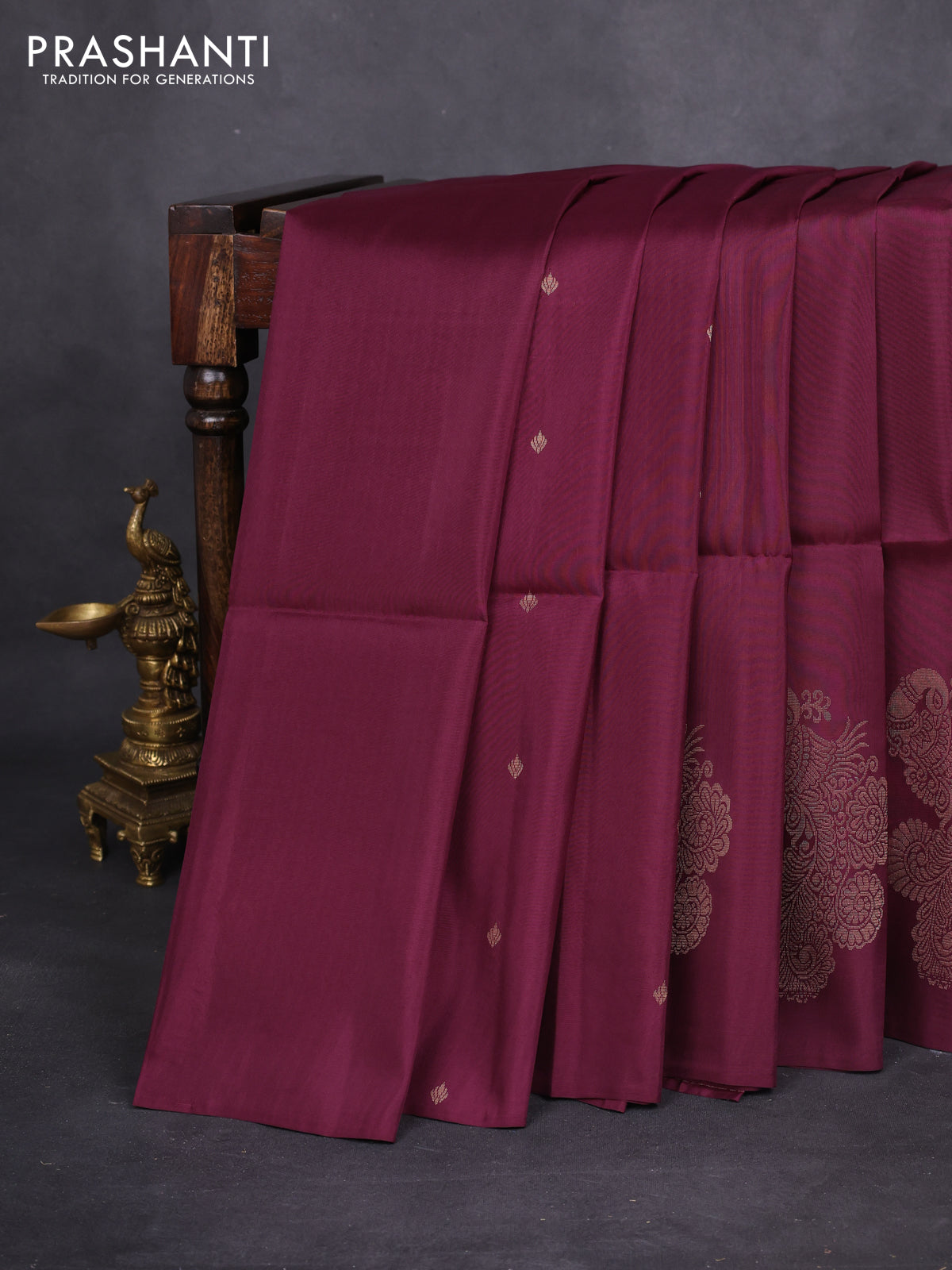 Kanchipuram soft silk saree wine shade with zari woven buttas in borderless style