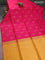 Kanchipuram soft silk saree pink and mustard yellow with allover self emboss & paisley zari buttas in borderless style