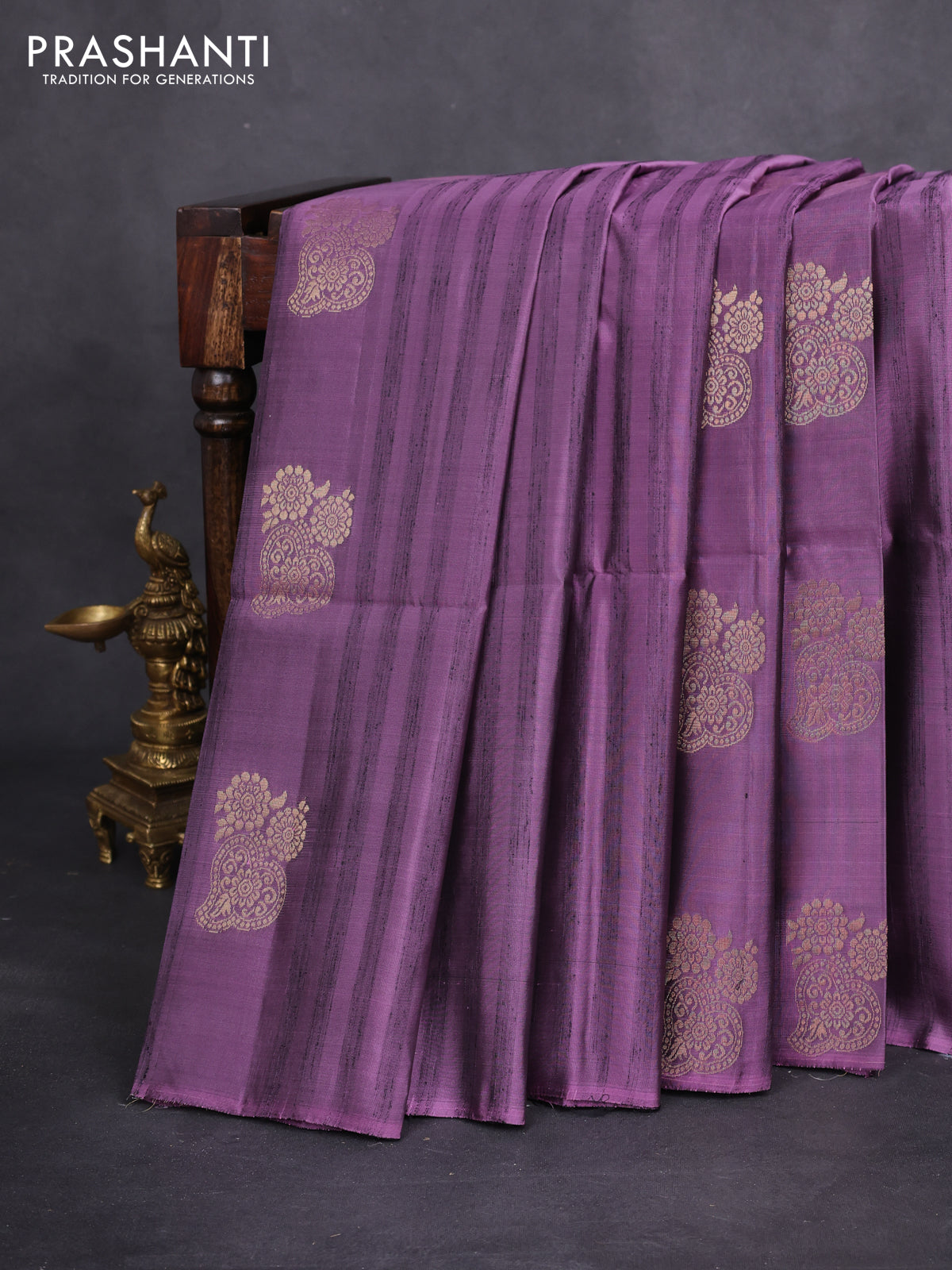 Kanchipuram soft silk saree purple shade and dark green with zari buttas & jute finish in borderless style