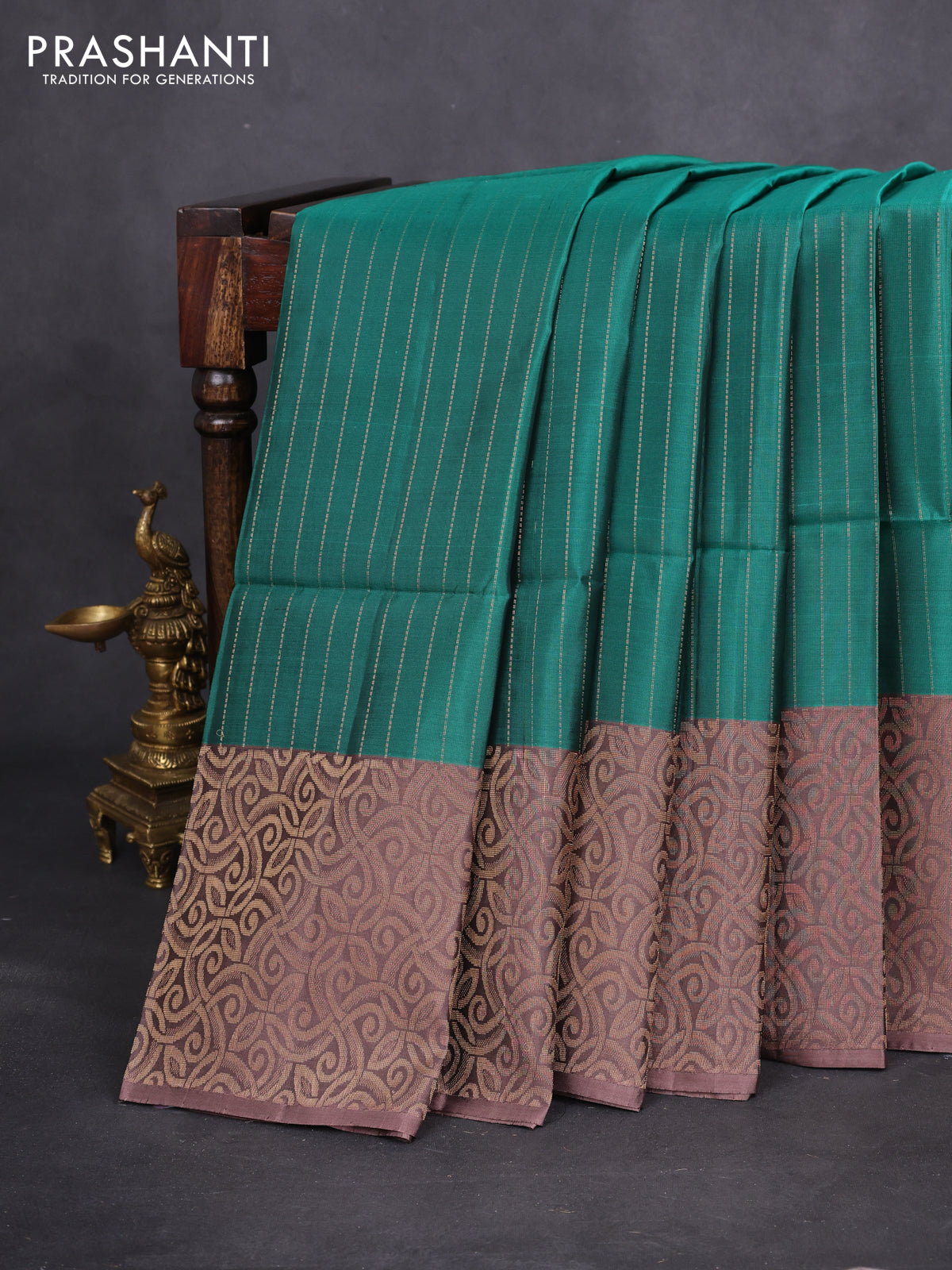 Kanchipuram soft silk saree teal green and pastel brown with allover zari stripe pattern and long rich zari woven border