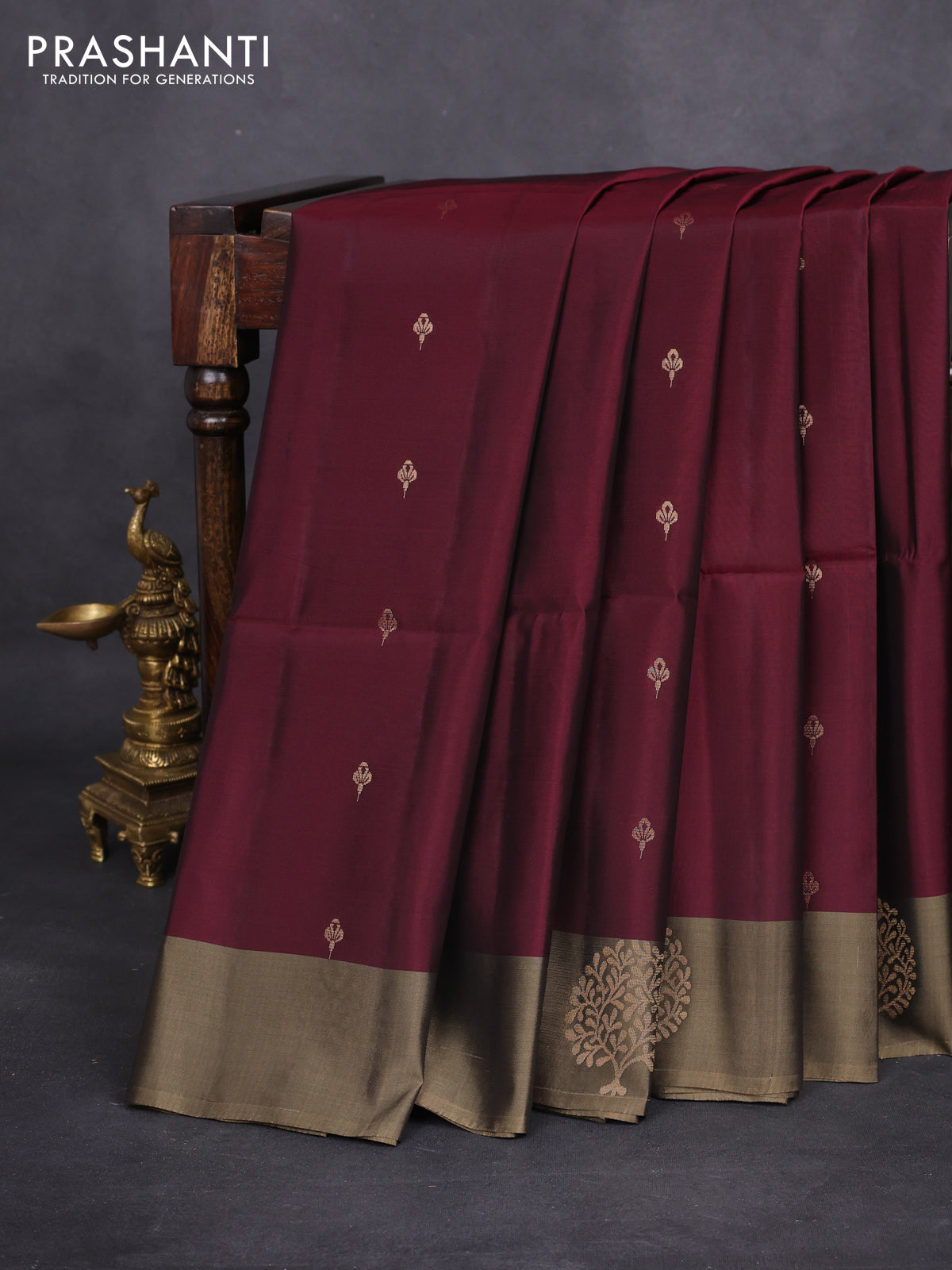 Kanchipuram soft silk saree wine shade and chikku shade with zari woven buttas and zari woven butta border