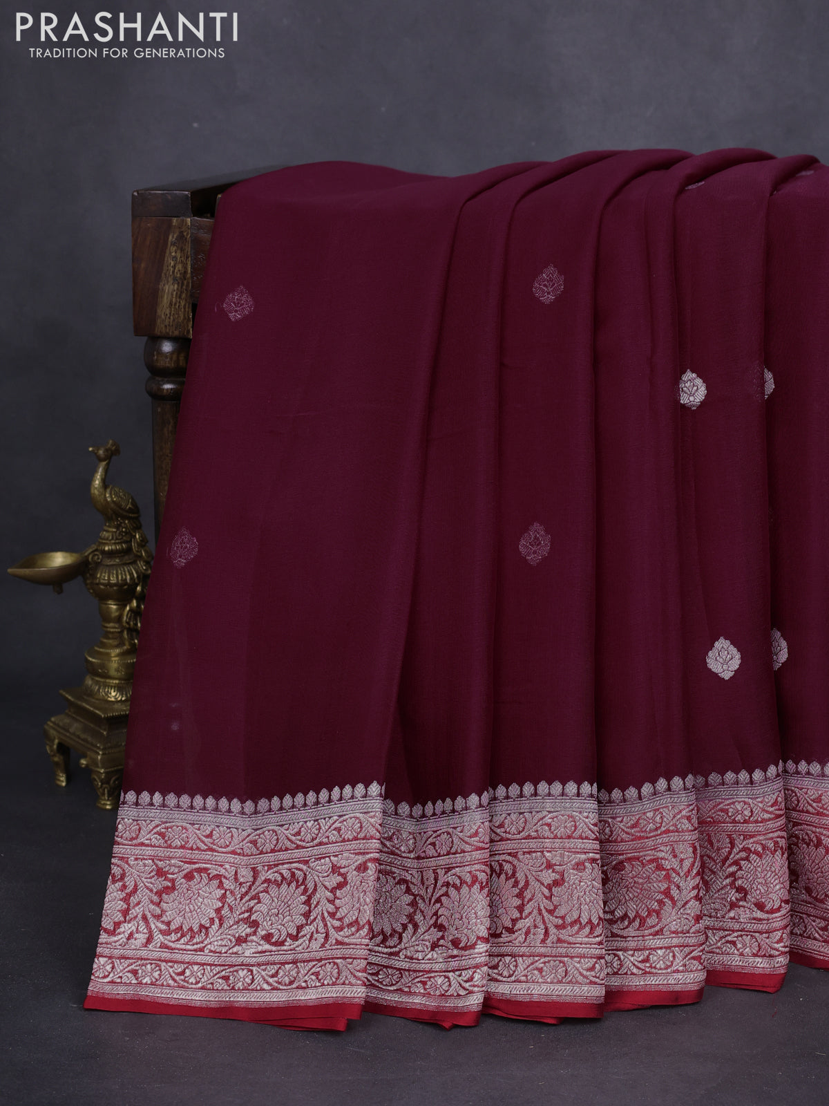 Banarasi chiffon silk saree wine shade and maroon with silver zari woven buttas and floral silver zari woven border