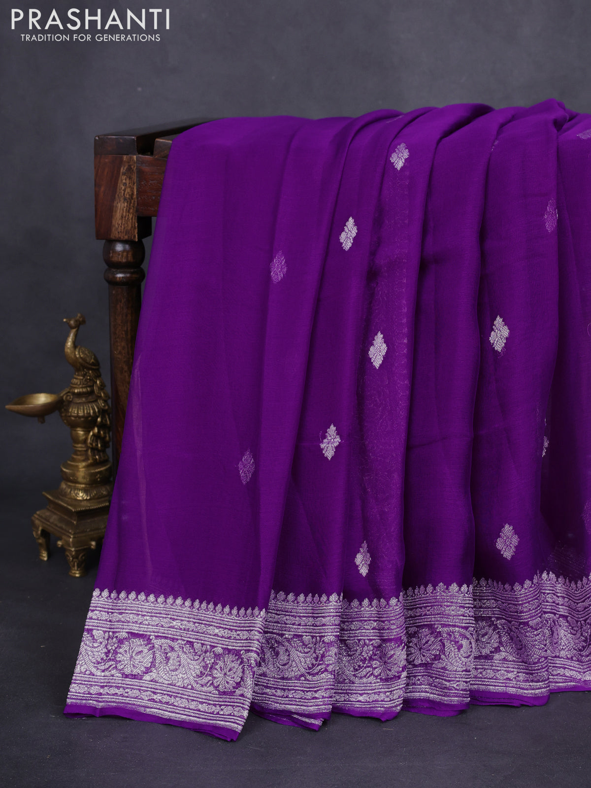 Banarasi chiffon silk saree purple with silver zari woven buttas and floral silver zari woven border