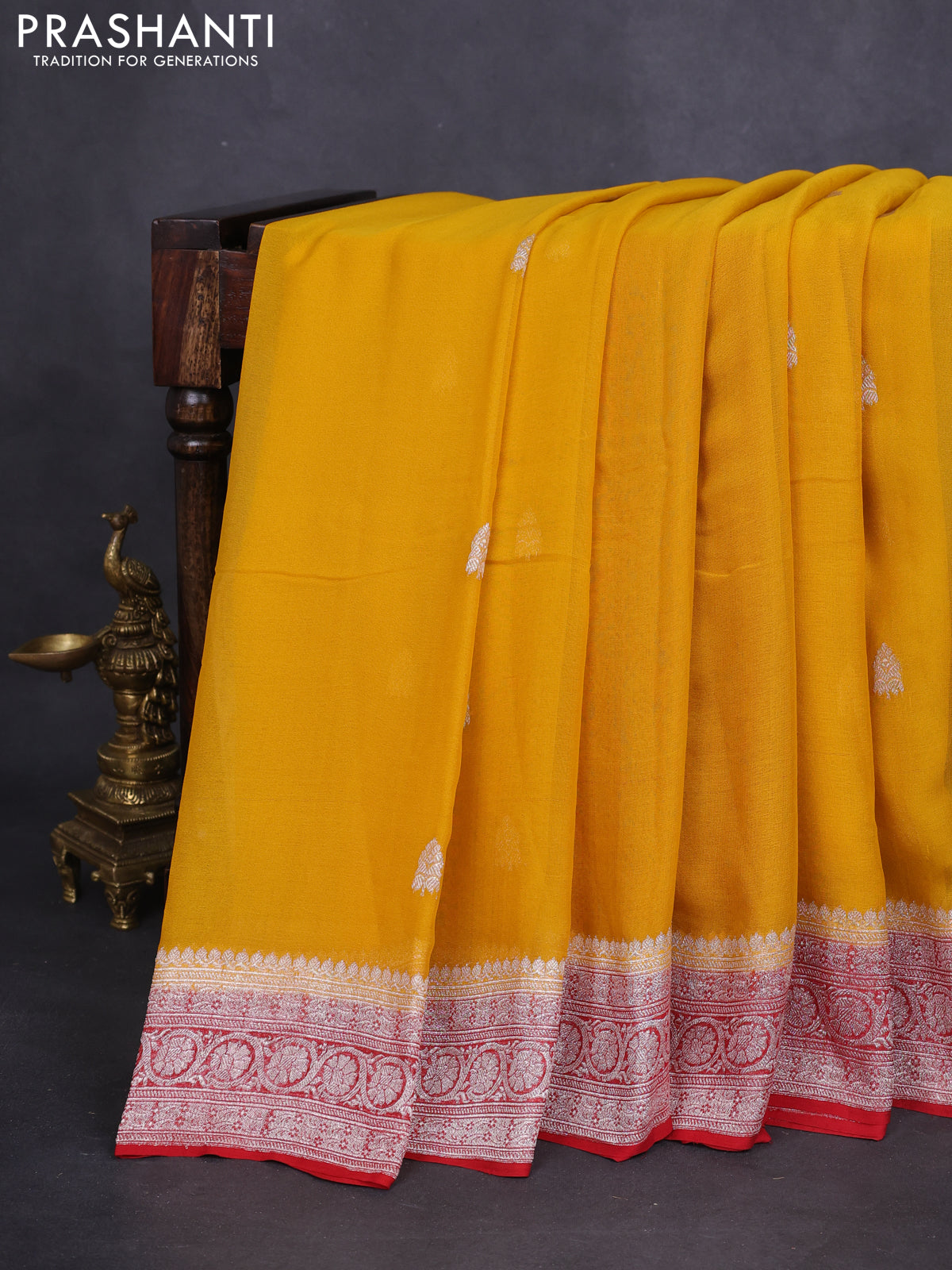 Banarasi chiffon silk saree mustard yellow and red with silver zari woven buttas and floral silver zari woven border