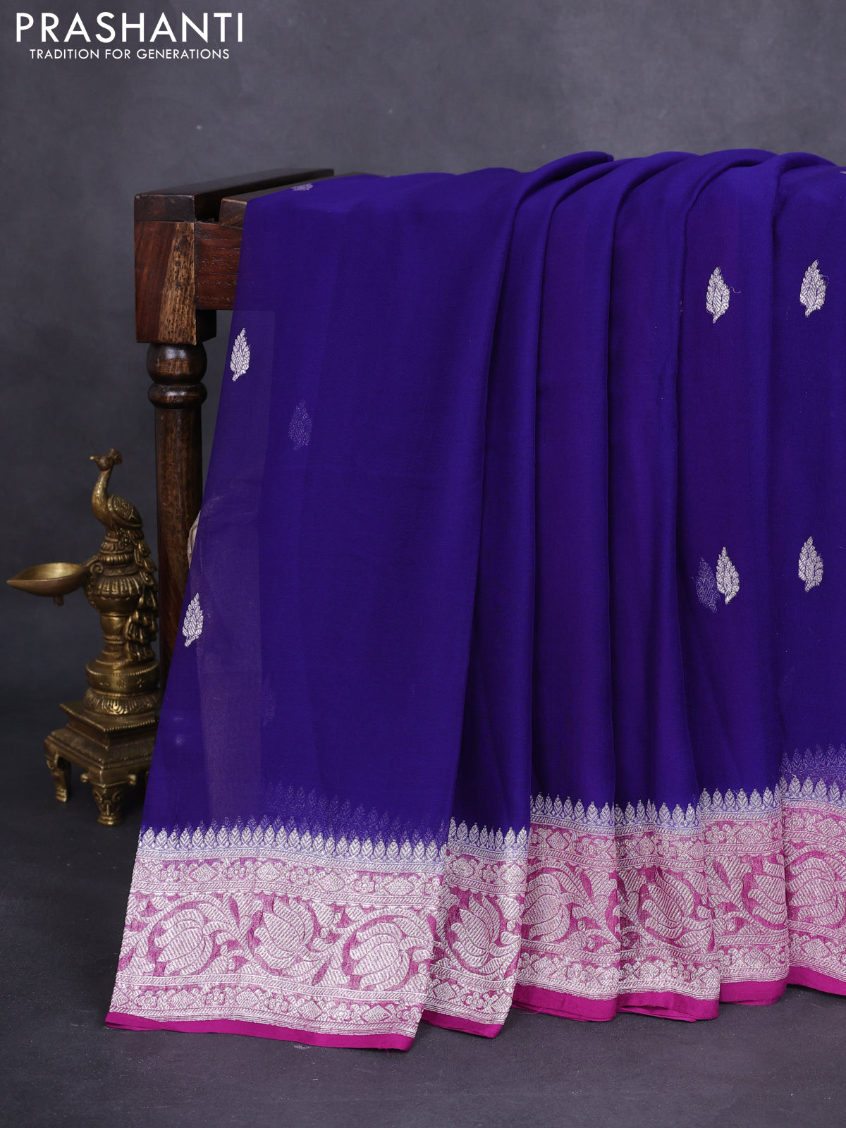 Banarasi chiffon silk saree blue and purple with silver zari woven buttas and floral silver zari woven border