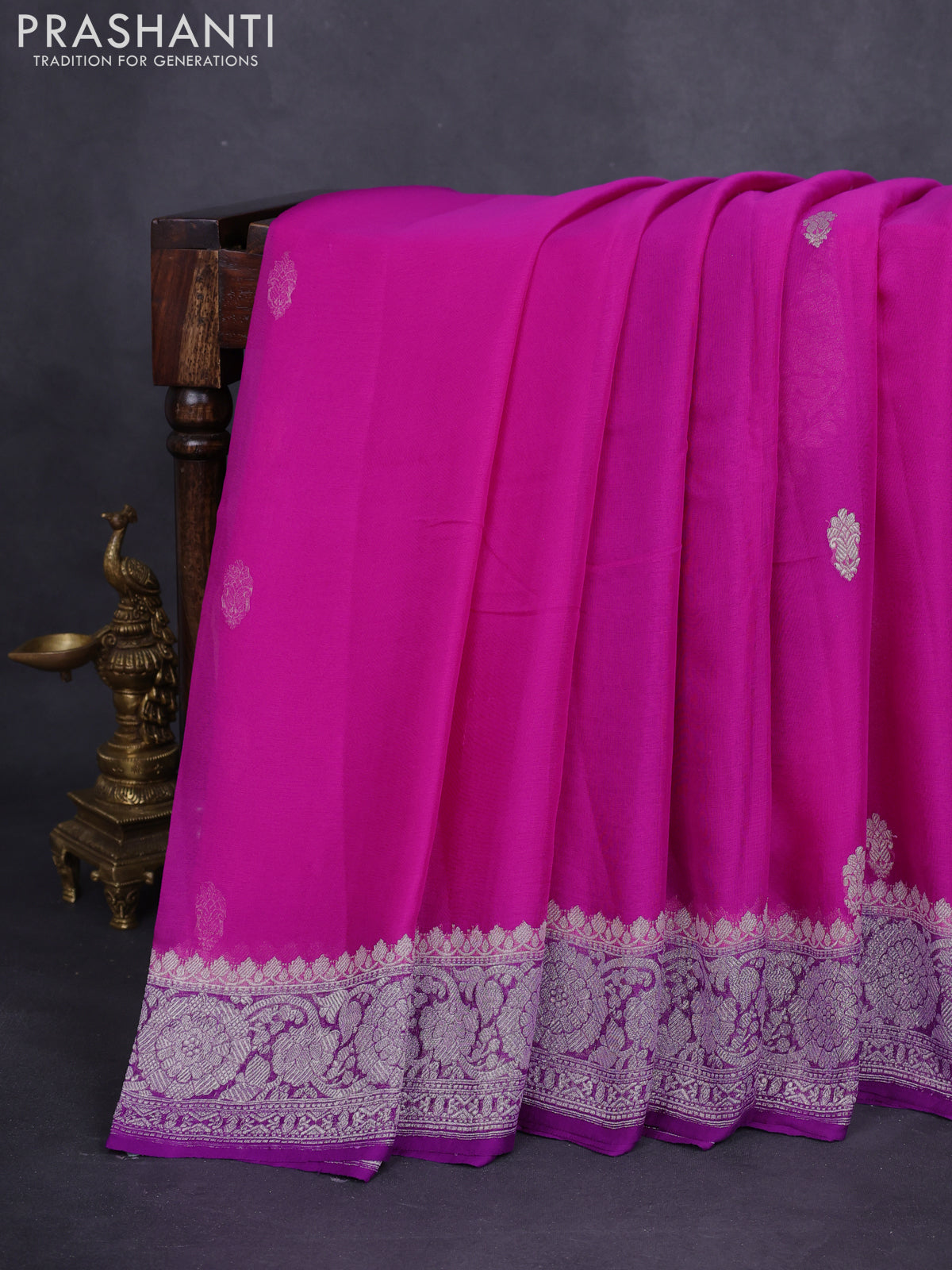 Banarasi chiffon silk saree pink and purple with silver zari woven buttas and silver zari woven border