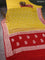 Banarasi chiffon silk saree yellow and kumkum red with silver zari woven buttas and silver zari woven border
