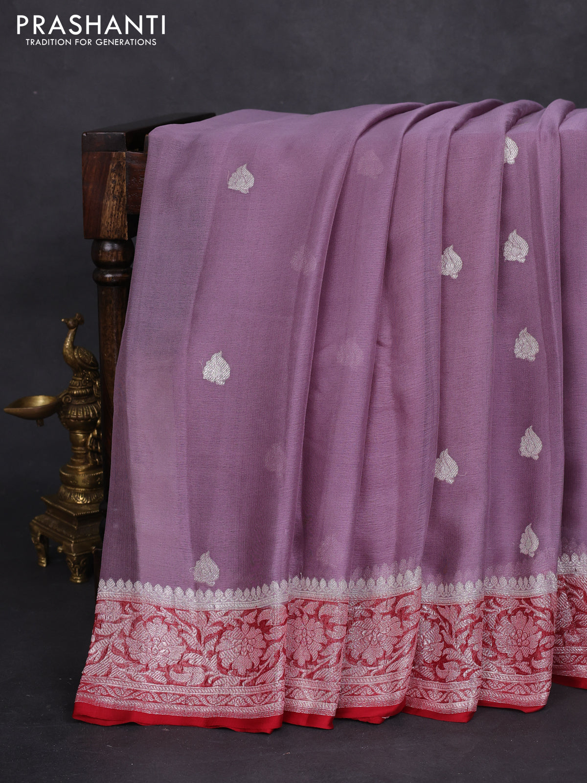 Banarasi chiffon silk saree pastel purple and kumkum red with silver zari woven buttas and silver zari woven border