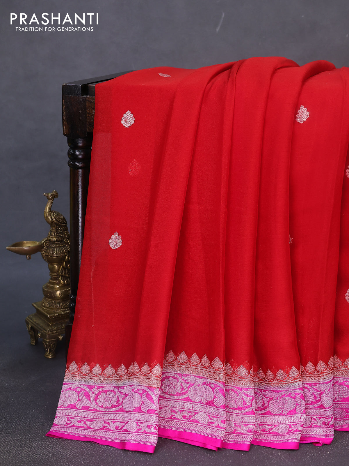 Banarasi chiffon silk saree red and pink with silver zari woven buttas and silver zari woven border