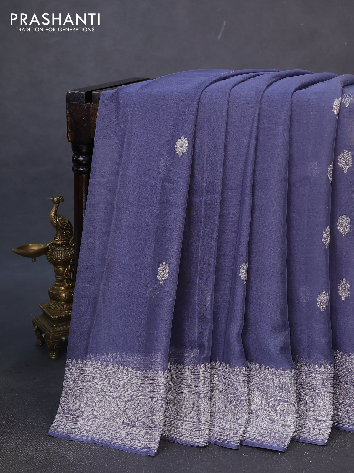 Banarasi chiffon silk saree grey with silver zari woven buttas and silver zari woven border