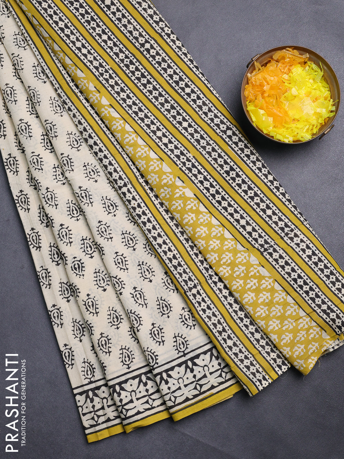 Jaipur cotton saree beige and black with allover butta prints and printed border