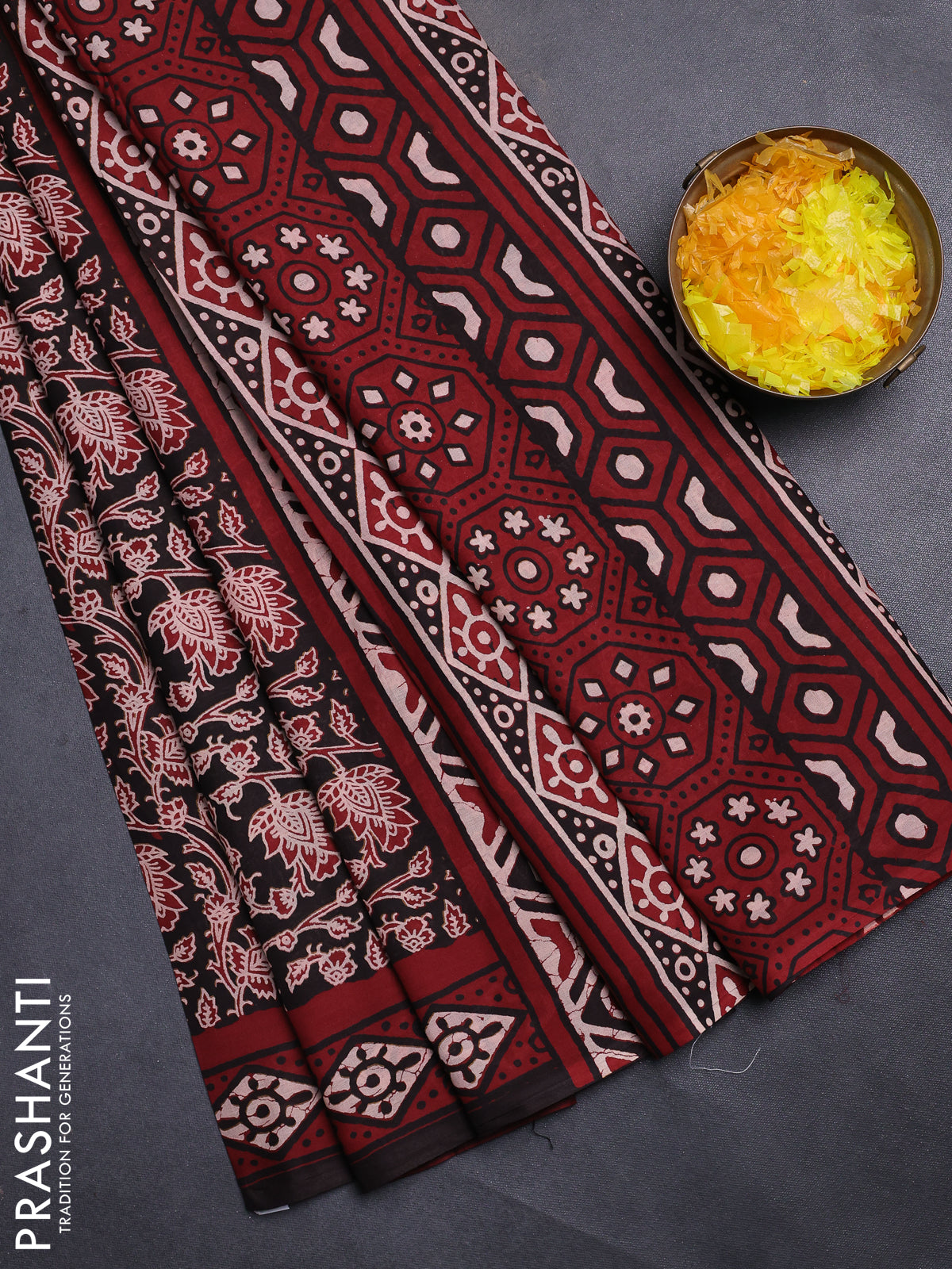 Jaipur cotton saree black and maroon with allover kalamkari prints and printed border