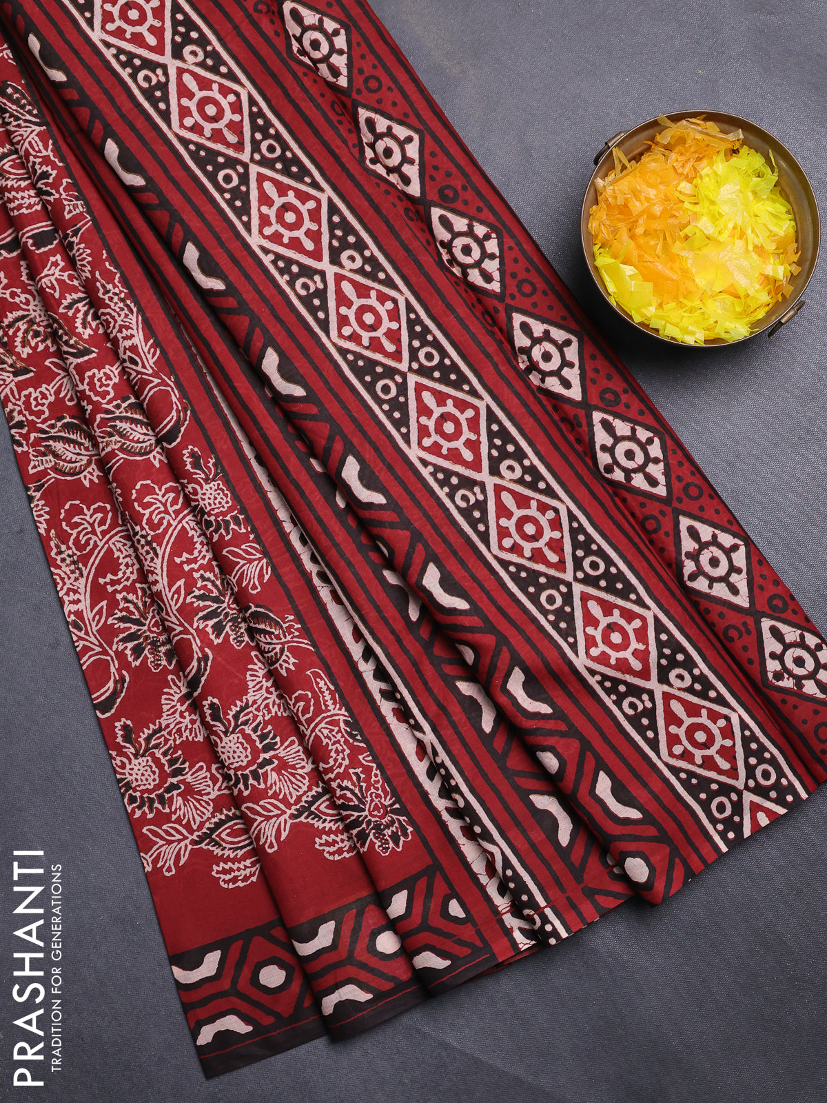 Jaipur cotton saree maroon and black with allover kalamkari prints and printed border