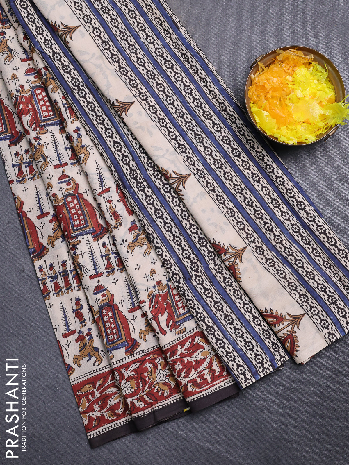 Jaipur cotton saree beige and maroon with allover kalamkari prints and printed border