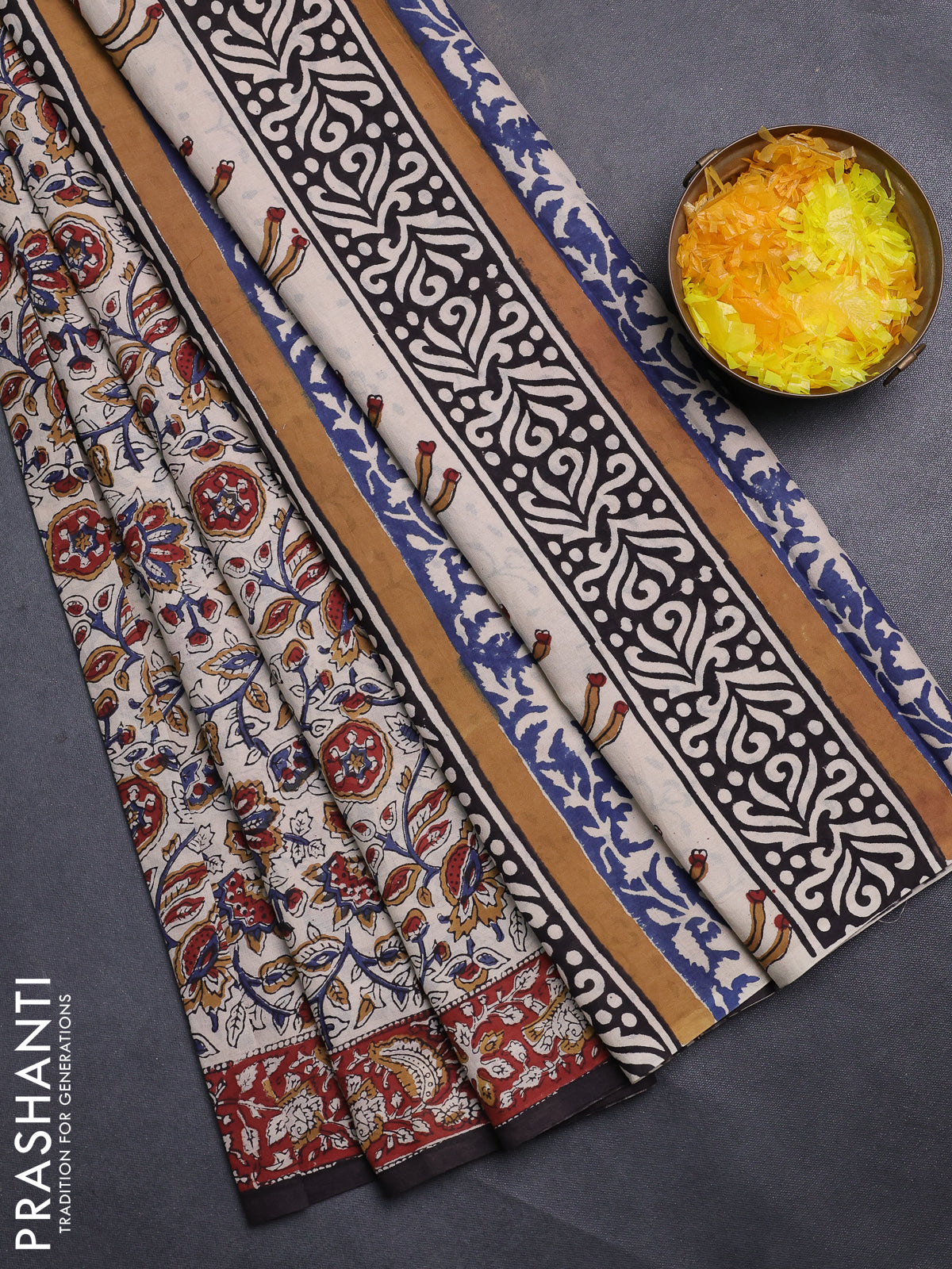 Jaipur cotton saree beige and maroon with allover kalamkari prints and printed border