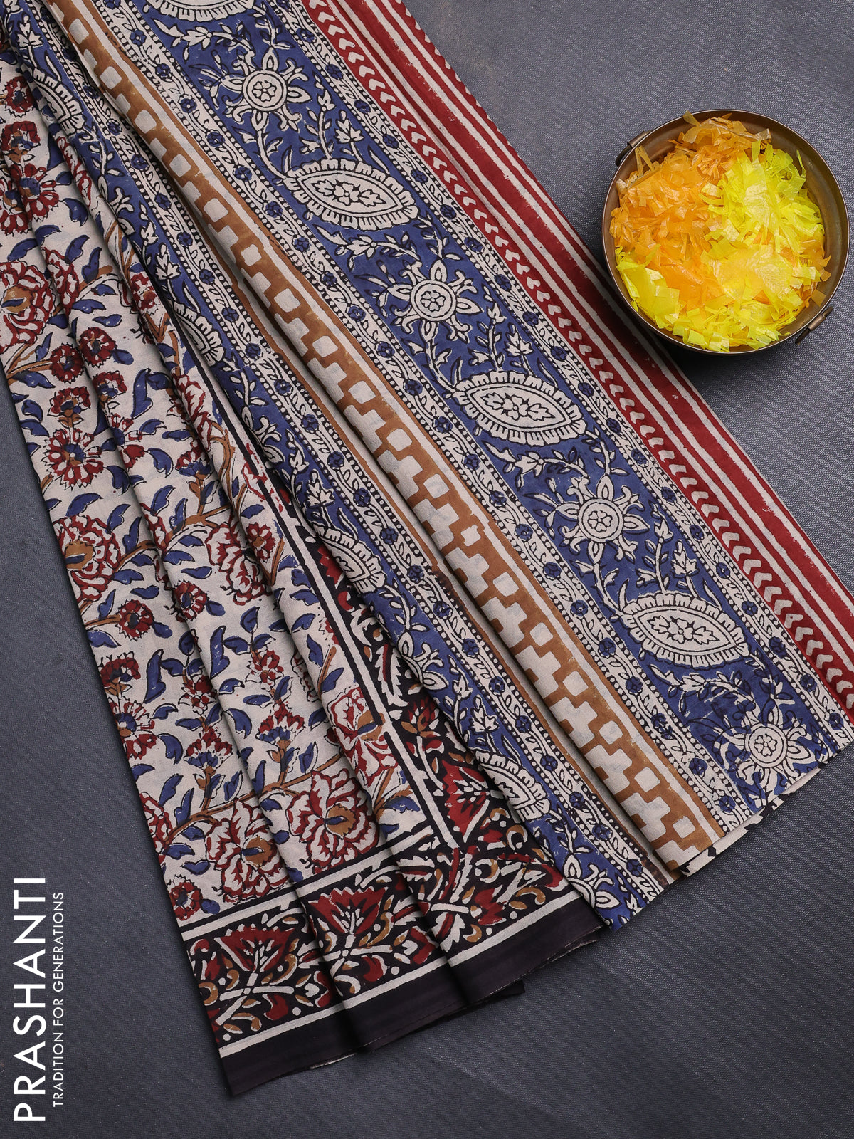 Jaipur cotton saree beige and black with allover kalamkari prints and printed border