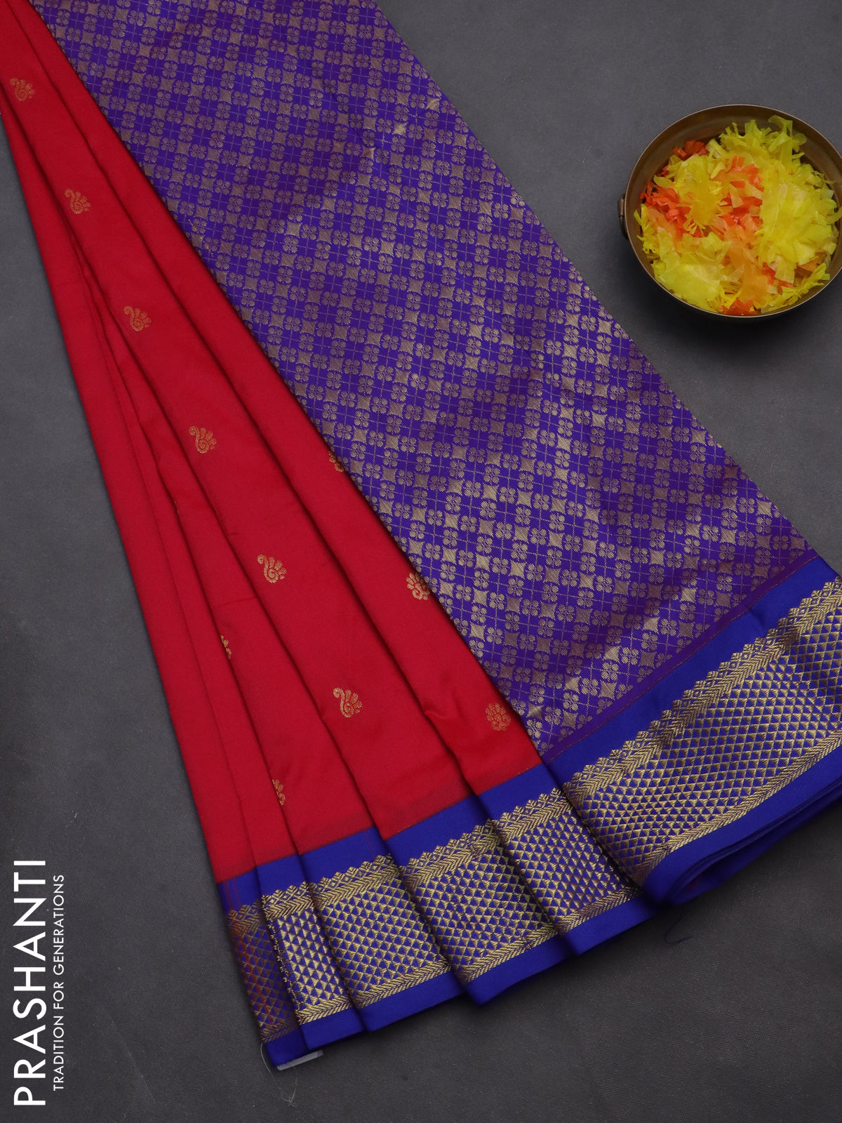 10 yards salem silk saree reddish pink and blue with zari woven buttas and zari woven border
