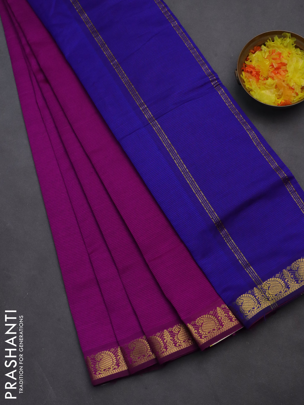 10 yards Poly cotton saree purple and blue with plain body and zari woven border