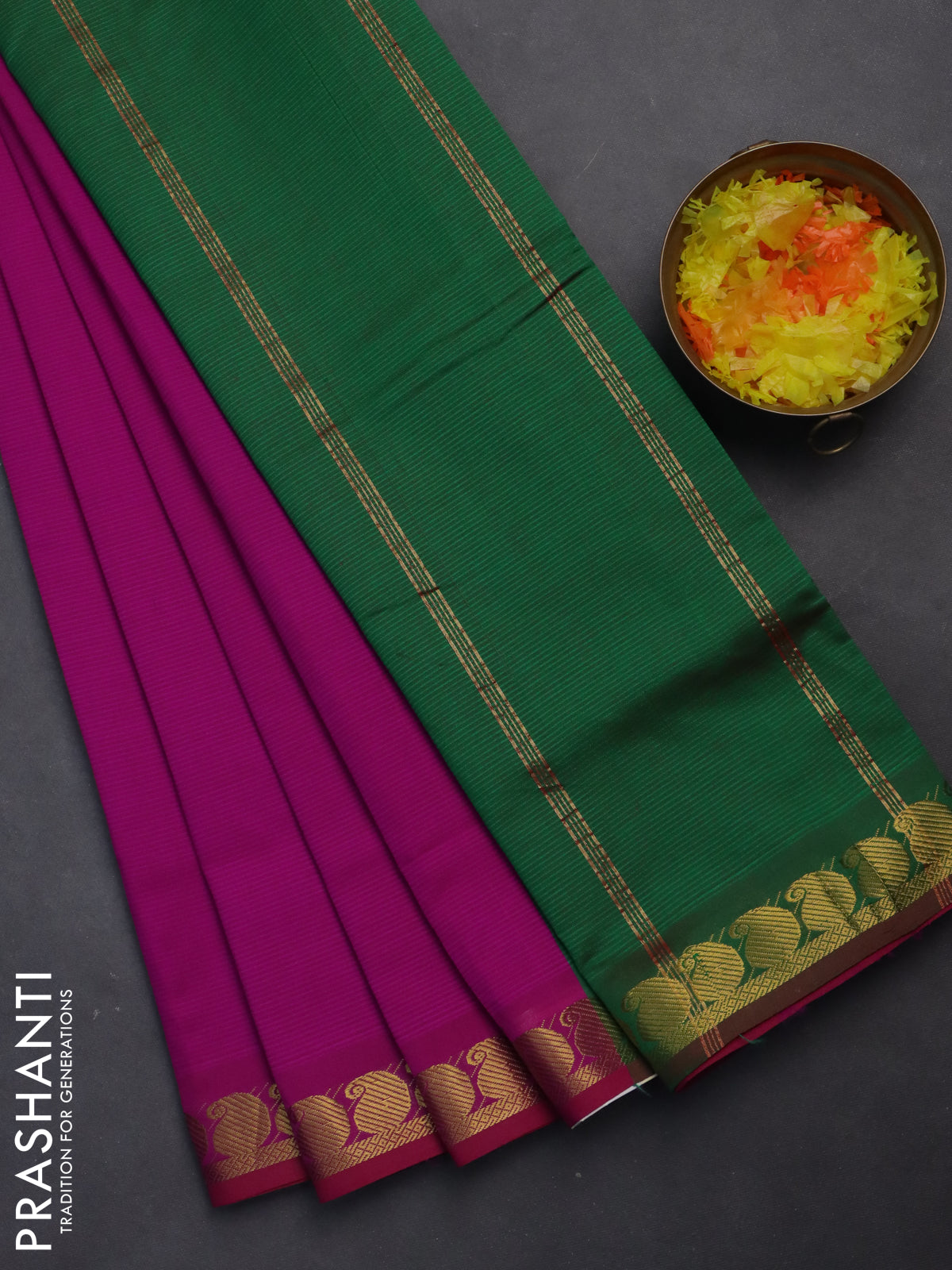 10 yards Poly cotton saree magenta pink and green with plain body and zari woven border
