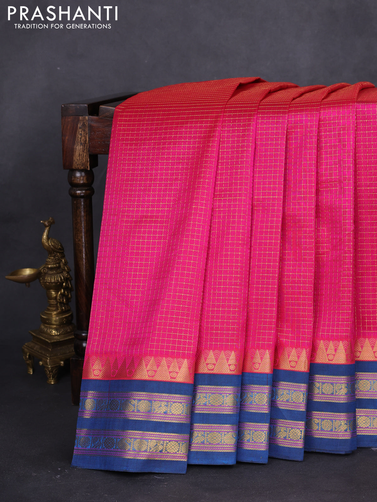 10 yards silk cotton saree pink and cs blue with allover small zari checks and rettapet zari woven border