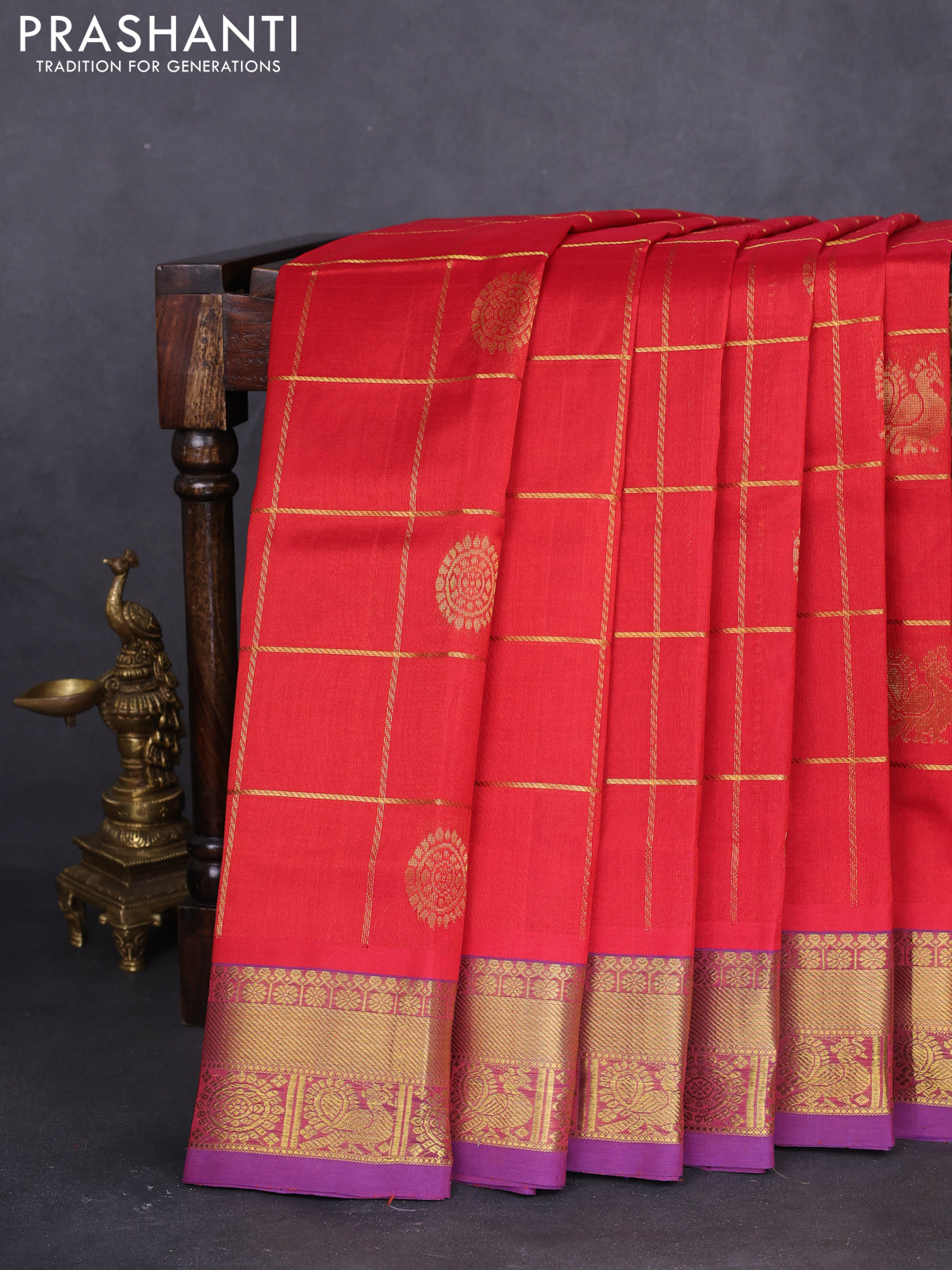 10 yards silk cotton saree red and violet with allover zari checks & annam mayil chakkaram buttas and zari woven border
