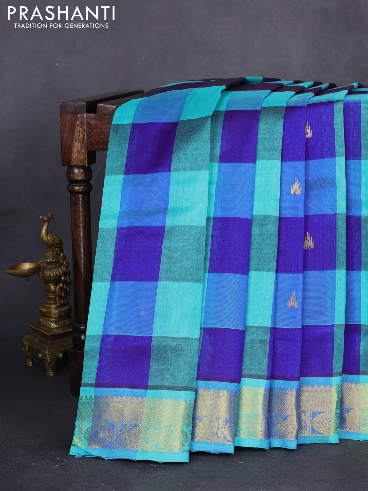 10 yards silk cotton saree teal blue and blue with allover paalum pazhamum checks & buttas and zari woven border