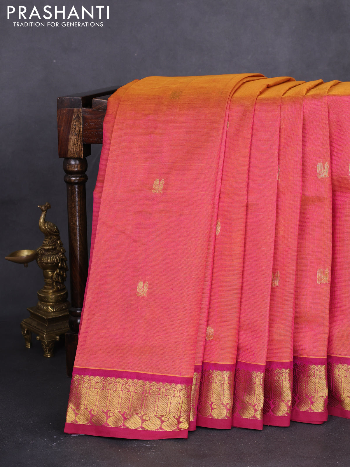 10 yards silk cotton saree dual shade of pinkish orange and purple with allover vairaosi pattern & zari buttas and zari woven border