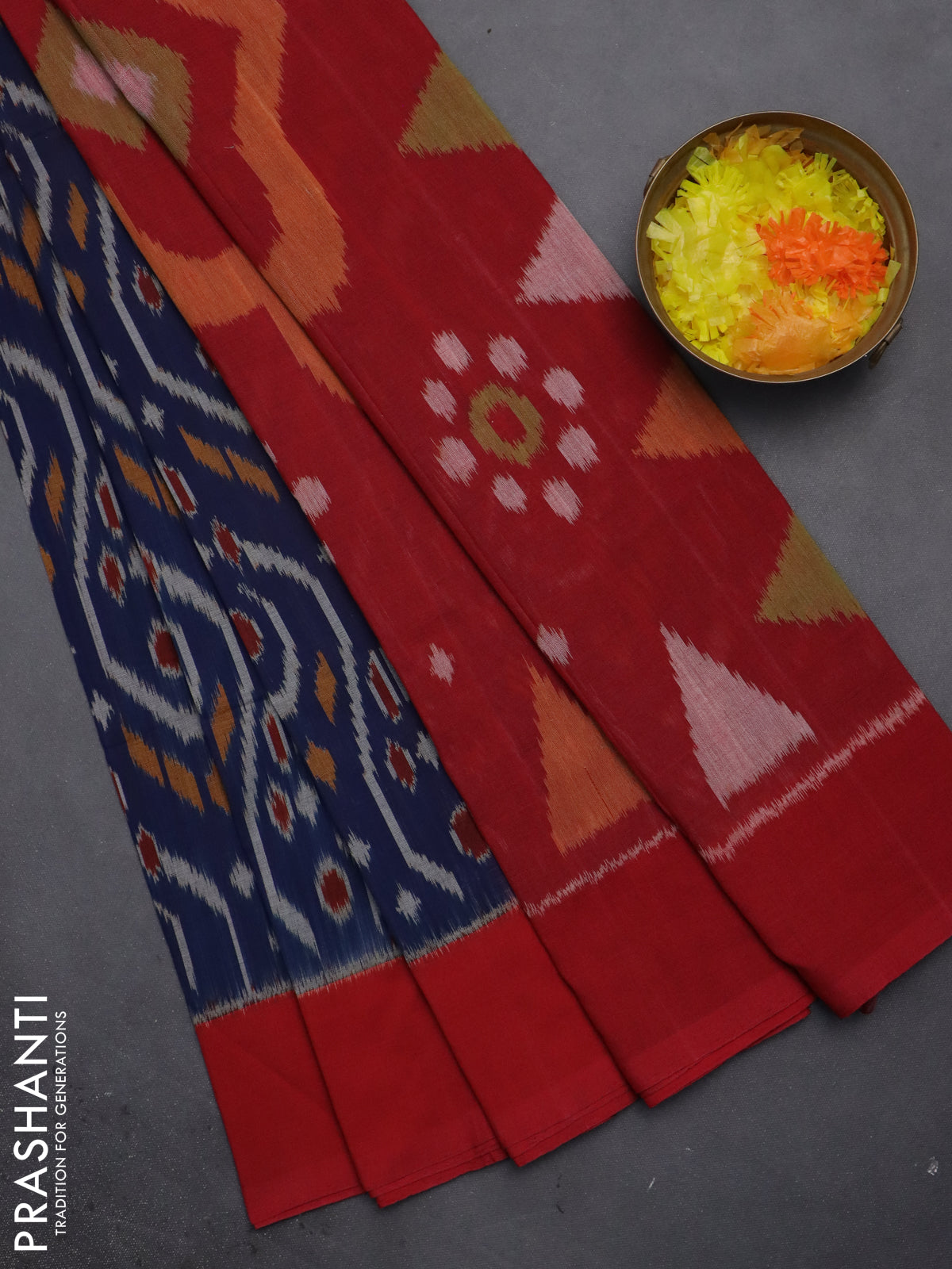 Ikat cotton saree peacock blue and off white red with allover ikat weaves and long ikat border
