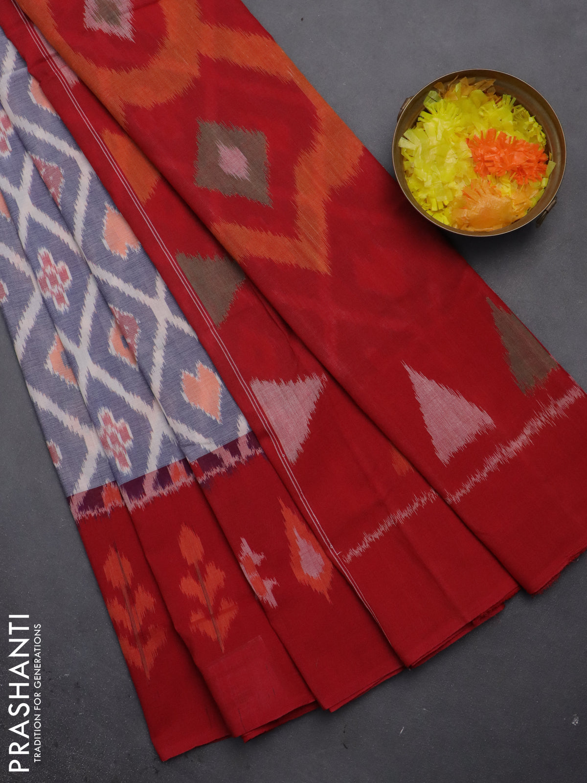 Ikat cotton saree blue shade and red with allover ikat weaves and ikat border